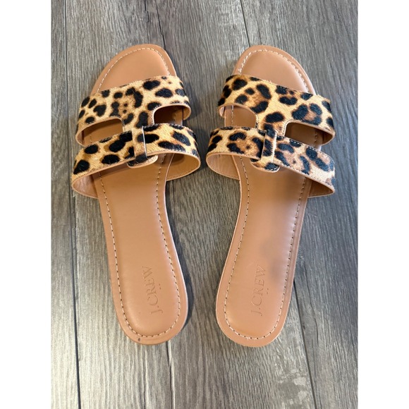 J.Crew Womens Leopard Print Calf Hair Slide Sandals Brown Tan Size 11 H-Strap - Picture 5 of 5